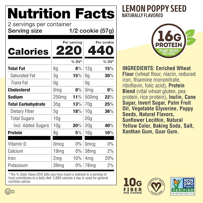 Lenny & Larry's The Complete Cookie, Lemon Poppy Seed, Soft Baked, 16g Plant Protein, Vegan, Non-GMO, 4 Ounce Cookie (Pack of 12)