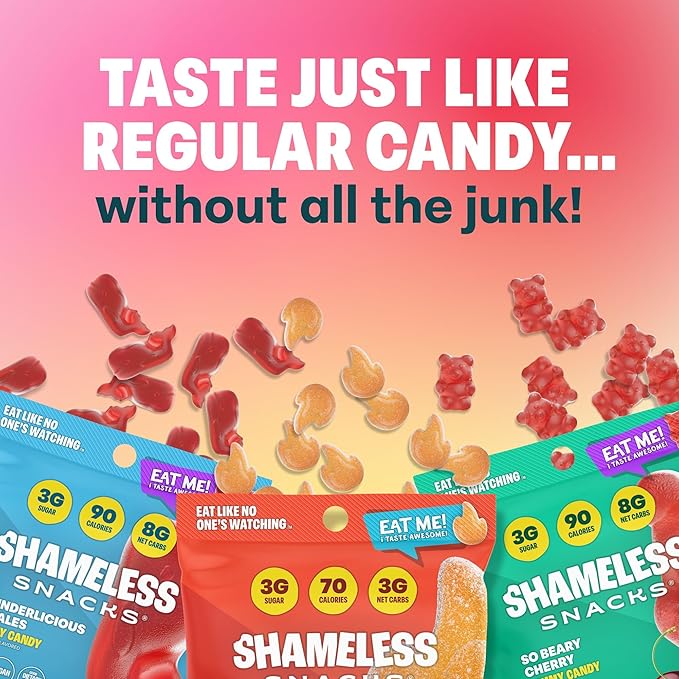 Shameless Snacks New Flavors Bundle Healthy Low Carb Keto Gummies Beary Cherry, Wunderlicious Whales and Chilli Mango