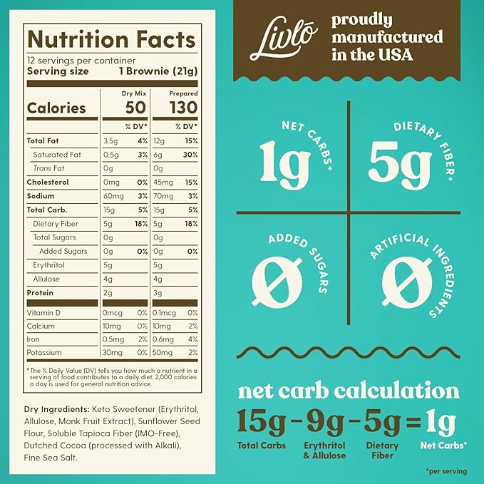 Livlo Keto Brownie Baking Mix - Just 1g Net Carb - Sugar & Gluten Free Keto Desserts, Sweets & Treats - Low Carb, Nut Free, Diabetic Friendly Snack - Fast, Delicious and Easy to Make - 12 servings