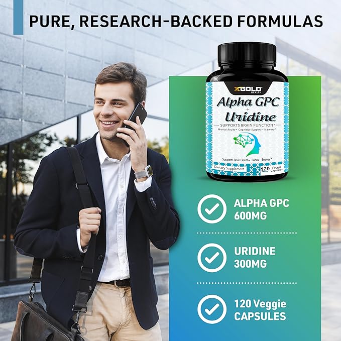 Alpha GPC Choline 600mg + Uridine 300mg-2-in-1 Nootropic -120 Veggie