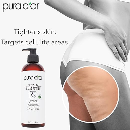 PURA D'OR 16 Oz Organic Anti-Cellulite Massage Oil for Toned Legs and Butt - Lemon Peel Oil, Moringa Oil, Grape Seed Oil, Grapefruit Oil & Eucalyptus Oil - Skin Firming & Tightening