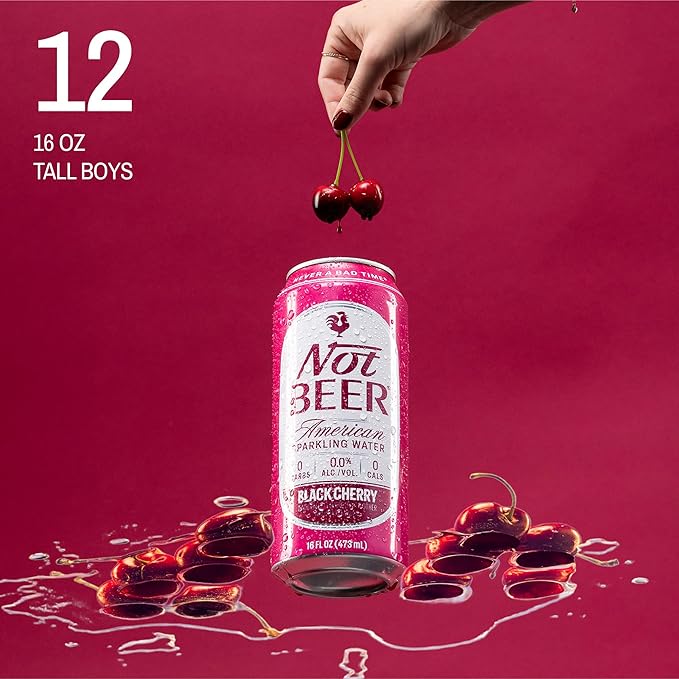 Not Beer American Sparkling Water, Black Cherry, 99.9% Pure, Mineral & Electrolyte Blend, Carbonated Water, Soda Water, Sparkling Water Cans, Made in America, 16 Oz Tallboy Cans, 12 Pack