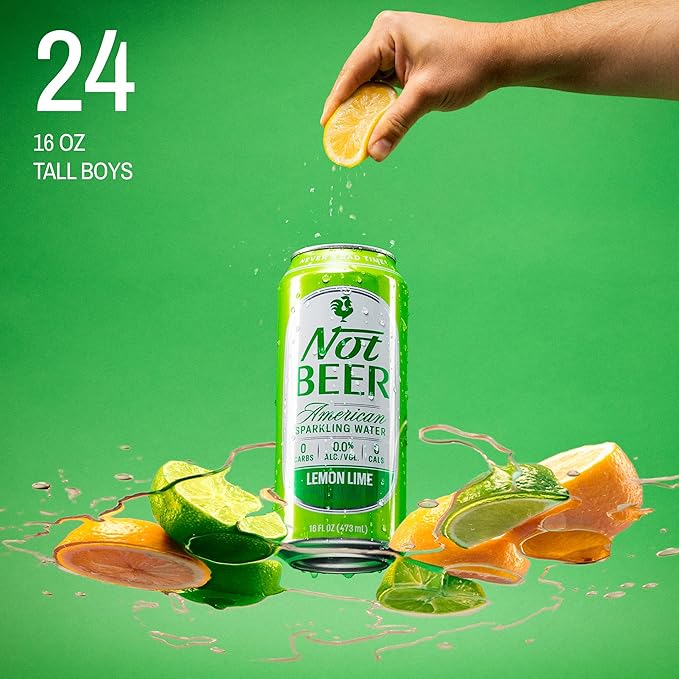 Not Beer American Sparkling Water, Lemon Lime, 99.9% Pure, Mineral & Electrolyte Blend, Carbonated Water, Soda Water, Sparkling Water Cans, Made in America, 16 Oz Tallboy Cans, 24 Pack