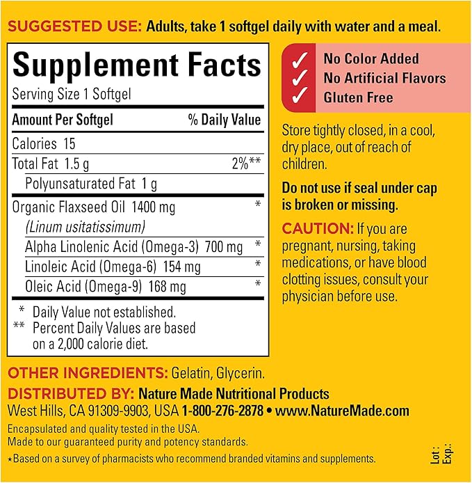 Nature Made Extra Strength Flaxseed Oil 1400 mg, 3 Supplement, 100 Softgels, 100 Day