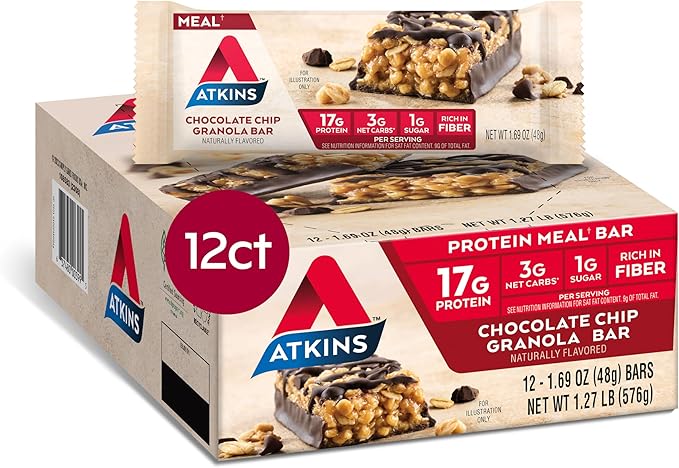Atkins Chocolate Chip Granola Protein Meal Bar, High Fiber, 17g Protein, 12 Count and Chocolate Almond Caramel Bar, Keto-Friendly, Gluten Free with Real Almond Butter, 5 Count Bundle