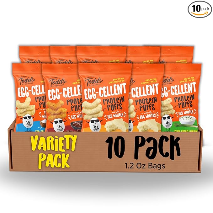 Todd's Better Snacks Egg-Cellent Protein Puffs, Variety Pack, 1.2 Oz (Pack of 10), Made with Egg Whites, 12g Protein, Gluten Free Healthy Snack