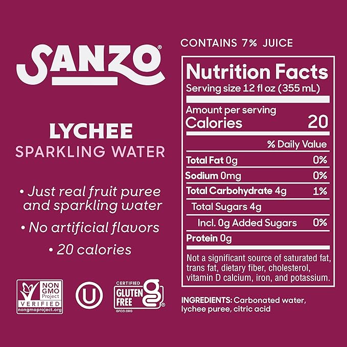 Sanzo Flavored Sparkling Water - Lychee (Berry), 12-Pack - Carbonated Drink Made with Real Fruit and Sugar-Free - Non-GMO, Gluten-Free and Vegan - 12 Fl Oz Cans - Floral, Fragrant, and Sweet