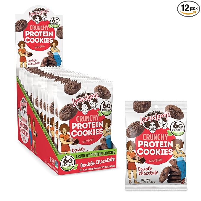Lenny & Larry's The Complete Crunchy Cookie, Double Chocolate, 6g Plant Protein, Vegan, Non-GMO, 1.25 Ounce Pouch (Pack of 12)