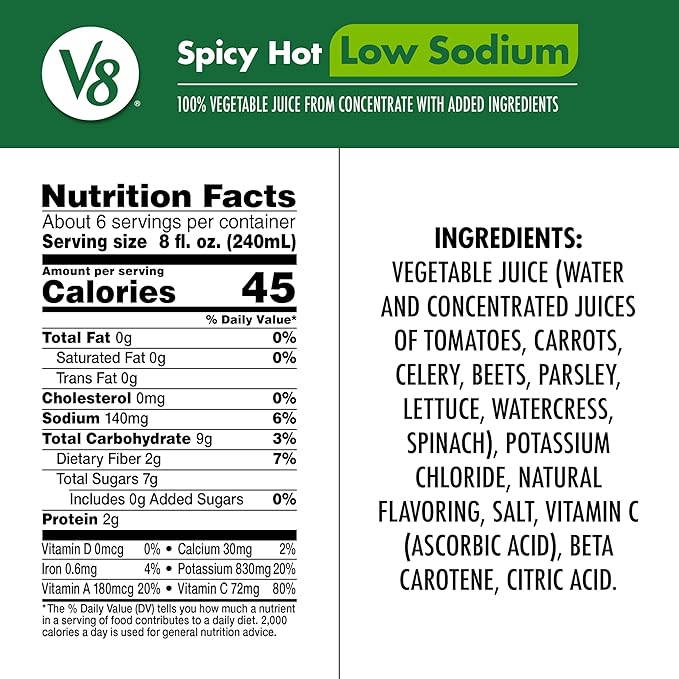 V8 Low Sodium Spicy Hot 100% Vegetable Juice, 46 fl oz Bottle (6 Pack)