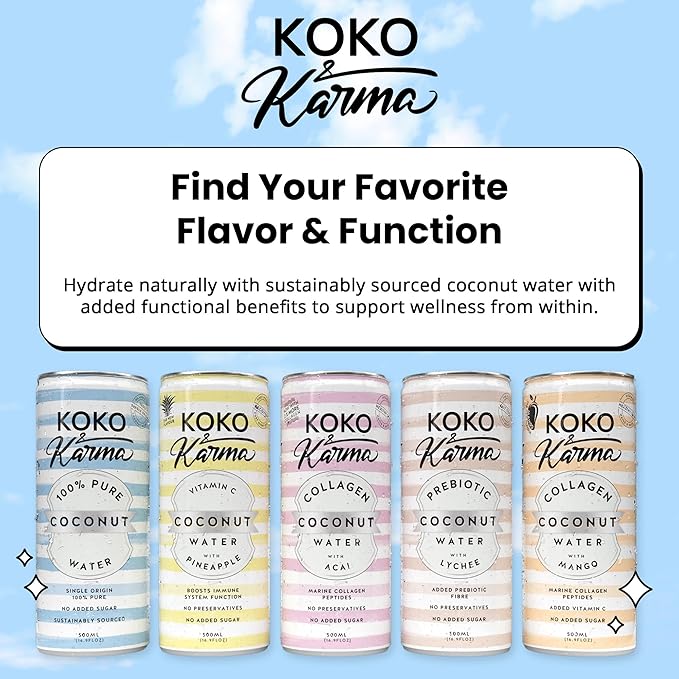 Koko & Karma – Prebiotic Coconut Water with Lychee – All Natural with No Added Sugars, Pure Coconut Water & Lychee Juice – 12 Pack - 16.9 Ounce Cans