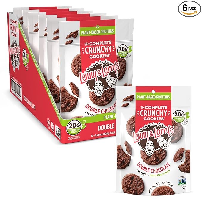 Lenny & Larry's The Complete Crunchy Cookie, Double Chocolate, 6g Plant Protein, Vegan, Non-GMO, 4.25 Ounce Pouch (Pack of 6)