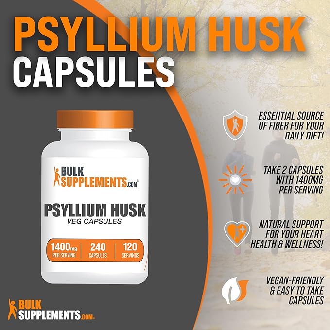 BulkSupplements.com Psyllium Husk Capsules 2 Capsules (1400mg) per 240 Veg