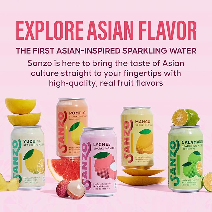 Sanzo Flavored Sparkling Water - Lychee (Berry), 12-Pack - Carbonated Drink Made with Real Fruit and Sugar-Free - Non-GMO, Gluten-Free and Vegan - 12 Fl Oz Cans - Floral, Fragrant, and Sweet