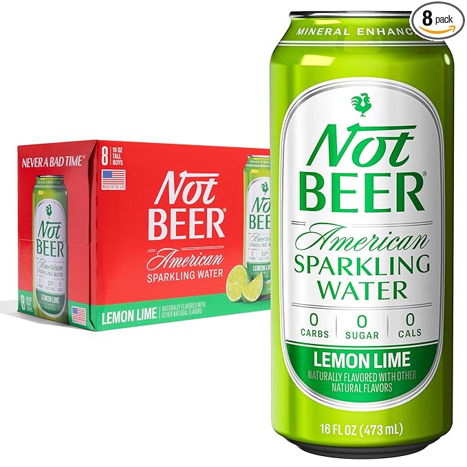 Not Beer American Sparkling Water, Lemon Lime, 99.9% Pure, Mineral & Electrolyte Blend, Flavored Carbonated Soda Water, Made in America, 16 Oz Tallboy Cans, 8 Pack