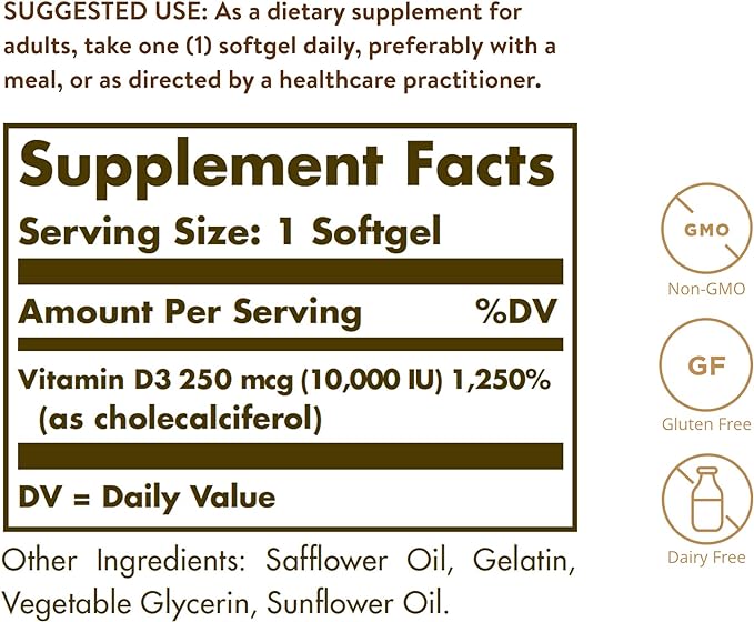 Solgar Vitamin D3 Cholecalciferol 250 MCG 10000 IU 180 Count