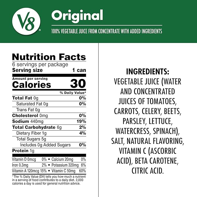 V8 Original 100% Vegetable Juice, 5.5 fl oz Can (6 Pack)