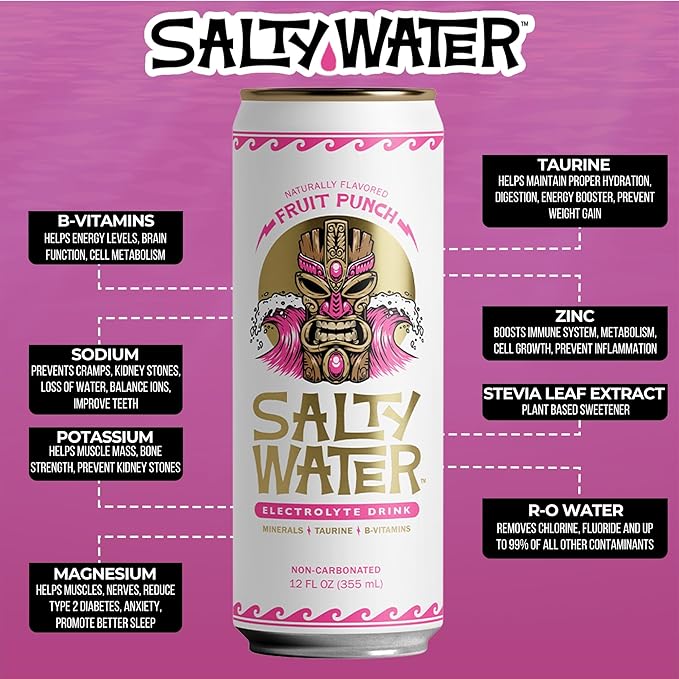 SaltyWater Electrolyte Drink, Fruit Punch β Zero Sugar Premium Hydration Drink, 10 Calories, Minerals, Taurine, B-Vitamins, Non-Carbonated - Zero Caffeine Electrolyte Sports Drink - Keto, Paleo, Vegan - 12 Pack (12 oz)