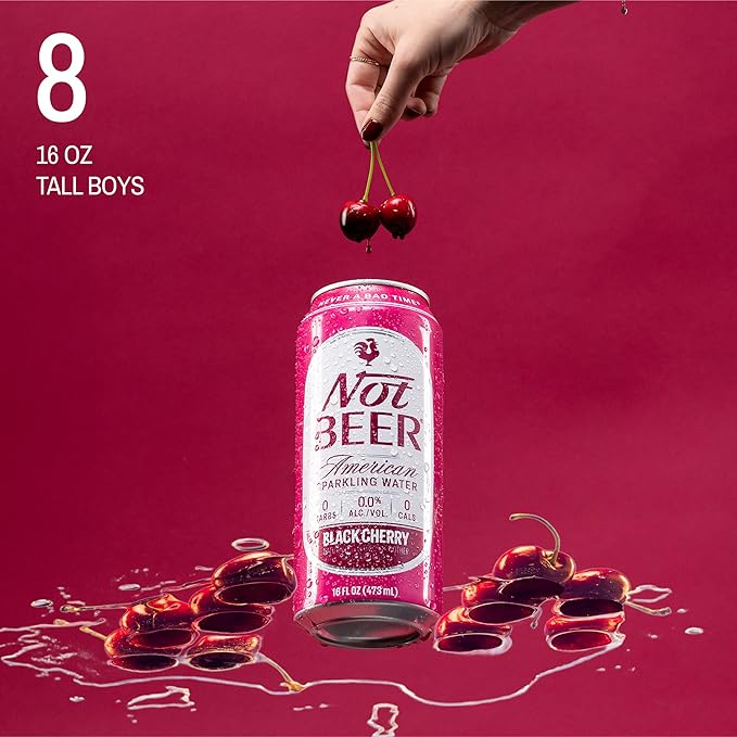 Not Beer American Sparkling Water, Black Cherry, 99.9% Pure, Mineral & Electrolyte Blend, Carbonated Water, Soda Water, Sparkling Water Cans, Made in America, 16 Oz Tallboy Cans, 8 Pack