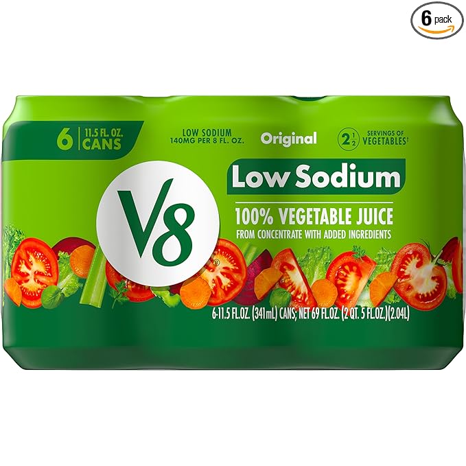 V8 Low Sodium Original 100% Vegetable Juice, 11.5 fl oz Can (6 Pack)