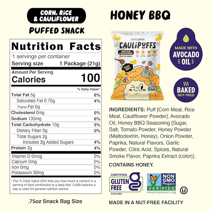 Honey BBQ CauliPuffs - Corn, Rice, and Cauliflower Gluten Free Puffed Snack (Box of 15, 0.75oz bags)