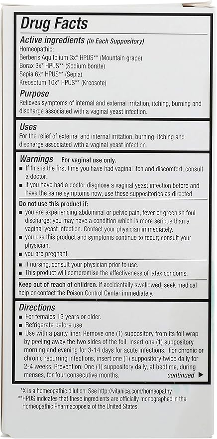 Vitanica Yeast Arrest, Homeopathic Vaginal Suppositories, 14)