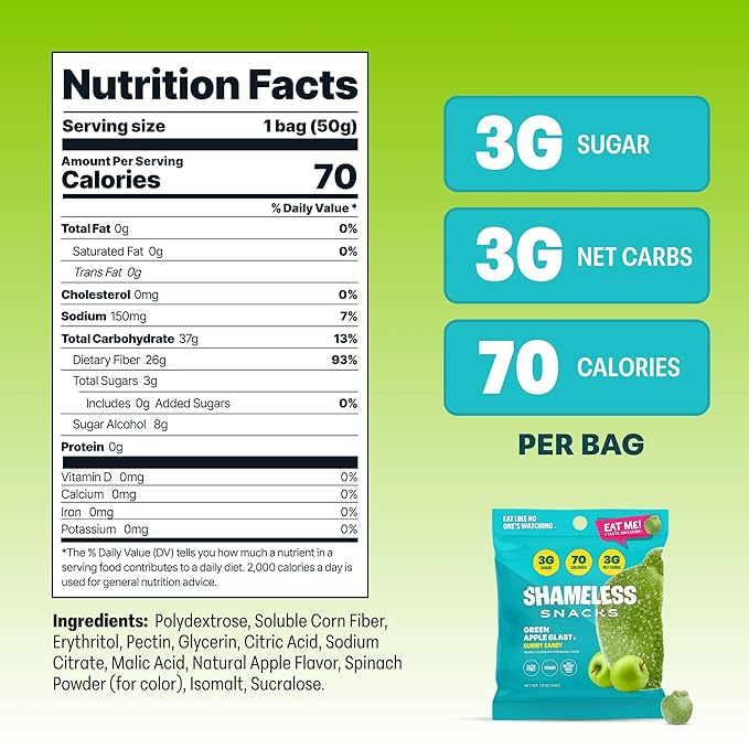 Shameless Snacks - Healthy Low Calorie Snacks, Low Carb Keto Gummies (Gluten Free Candy) - 6 Pack Green Apple Blast