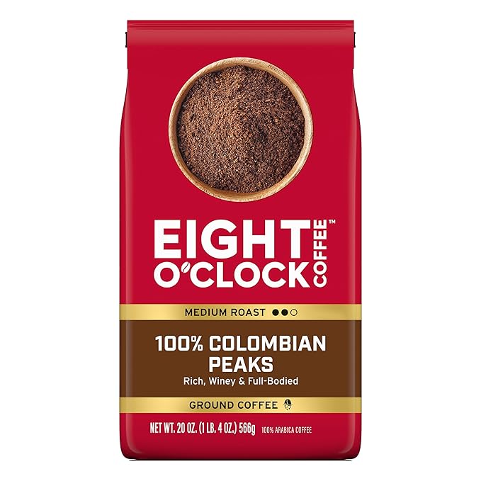 Eight O'Clock Coffee 100% Arabica Colombian Peaks, Medium Roast, Ground Coffee, Kosher Certified, 20 Oz