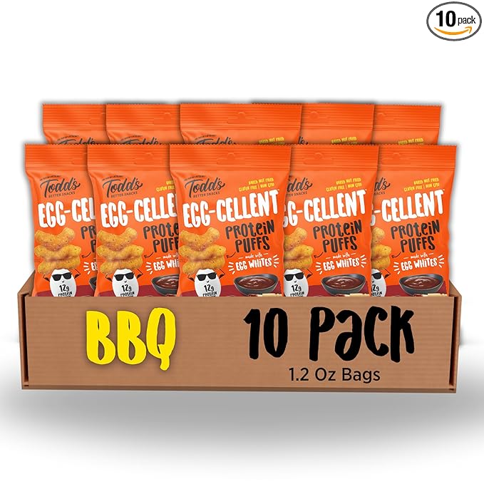 Todd's Better Snacks Egg-Cellent Protein Puffs, Sweet & Smoky BBQ, 1.2 Oz (Pack of 10), Made with Egg Whites, 12g Protein, Gluten Free Healthy Snack