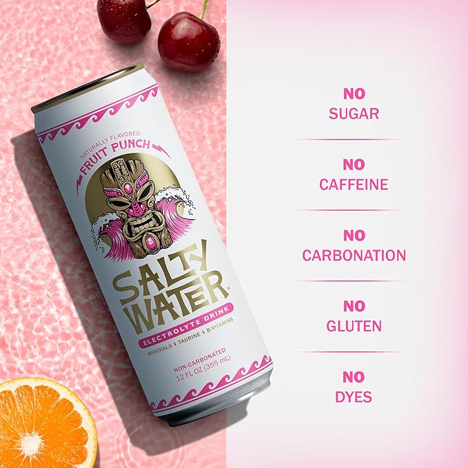 SaltyWater Electrolyte Drink, Fruit Punch β Zero Sugar Premium Hydration Drink, 10 Calories, Minerals, Taurine, B-Vitamins, Non-Carbonated - Zero Caffeine Electrolyte Sports Drink - Keto, Paleo, Vegan - 12 Pack (12 oz)