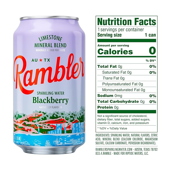 AUTX RAMBLER Blackberry Sparkling Water, Limestone Mineral Blend, 12-Ounce Cans, 12-Pack