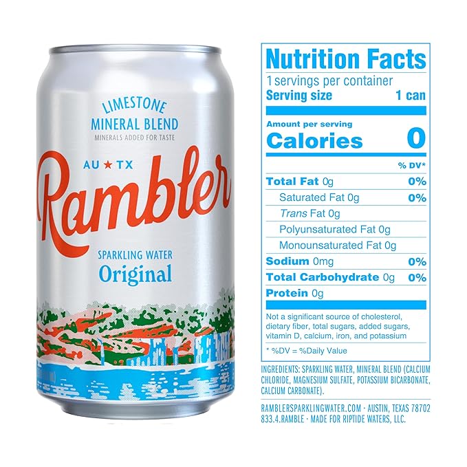 AUTX RAMBLER Sparkling Water, Limestone Mineral Blend, Original Flavor, 12-Ounce Cans, Three 8-Packs (24 Cans)