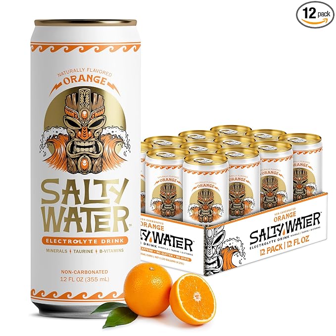 SaltyWater Electrolyte Drink, Orange β Zero Sugar Premium Hydration Drink, 10 Calories, Minerals, Taurine, B-Vitamins, Non-Carbonated - Zero Caffeine Electrolyte Sports Drink - Keto, Paleo, Vegan - 12 Pack (12 oz)