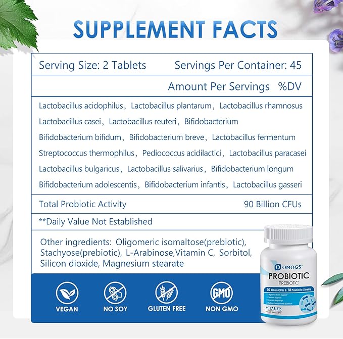 Probiotics 90 Billion CFUs 18 Strains, 3 Organic Free,90 Tablets