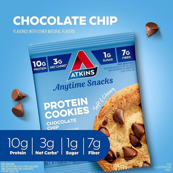 Atkins Chocolate Chip Protein Cookie, Protein Dessert, Rich in Fiber, 3g Net Carb, 1g Sugar, Keto Friendly, 4 Count