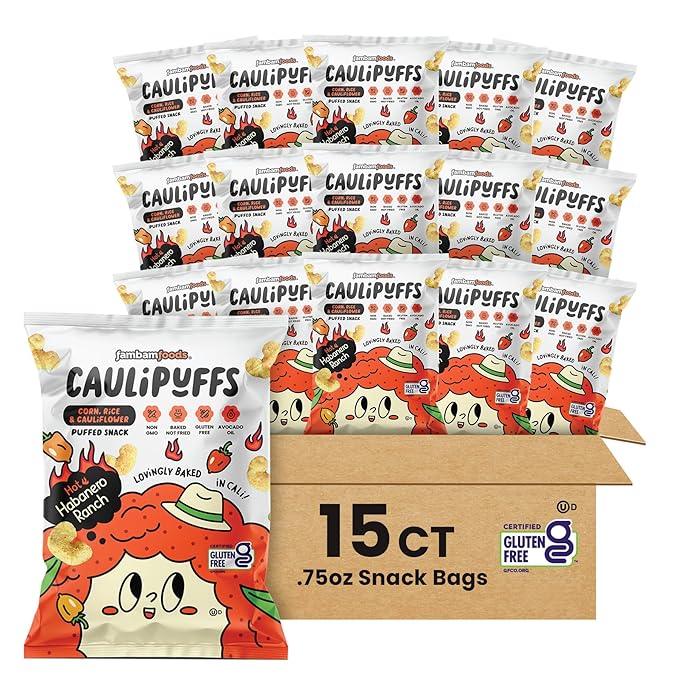 Habanero Ranch CauliPuffs - Corn, Rice, and Cauliflower Gluten Free Puffed Snack – (Box of 15, 0.75oz bags)