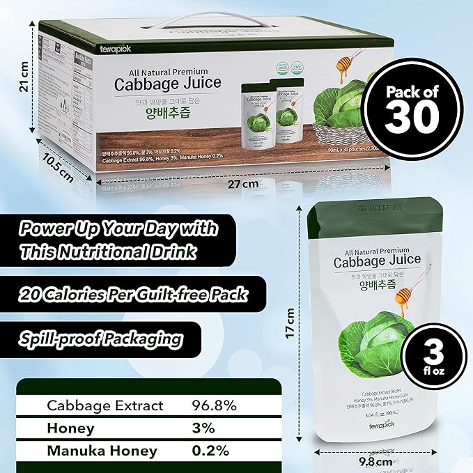 TerraPick Green Cabbage Juice Sweetened with Manuka Honey - Natural Cabbage Extract Juice Vegetable Juice Superfood (3.04 fl oz X 30 pouches)