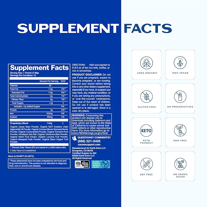 Earth Echo Cacao Bliss Travel-Sized Organic Superfood Powder with MCT Oil for Natural Energy, Reduced Cravings, and Boosted Mental Clarity, Dairy-Free, Gluten-Free, Keto-Friendly, 15 Servings