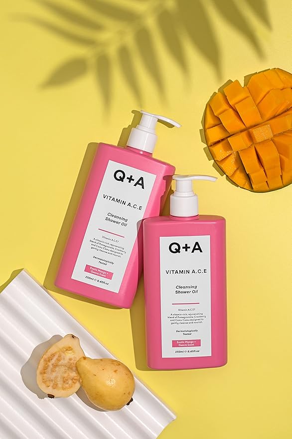 Q+A Vitamin A.C.E Cleansing Shower Oil, blend of vitamin-rich Fruit Extracts and Oils, plus a Superfood Complex supporting skin barrier whilst delivering an ultra-gentle cleanse, 250ml