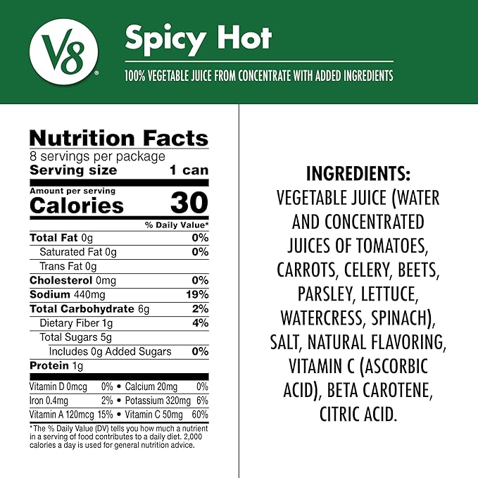 V8 Spicy Hot 100% Vegetable Juice, 5.5 fl oz Can (6 Packs of 8 Cans)