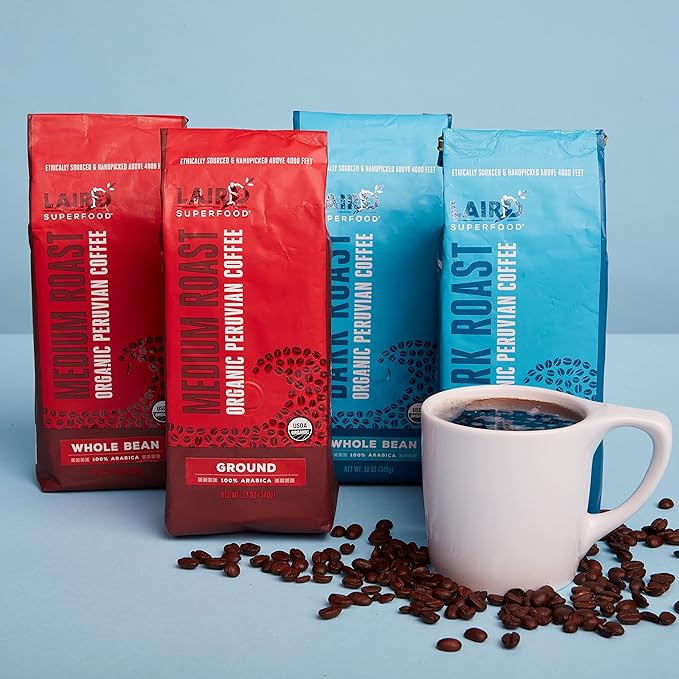 Laird Superfood Peruvian Dark Roast Caffeinated Ground Coffee, Ethically Sourced Premium Ground Coffee, Gluten-Free, Dairy-Free, Non-GMO, Paleo, Keto Friendly, 12 oz. Bag