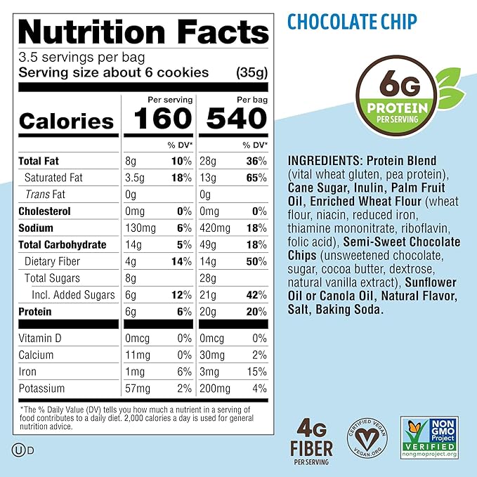 Lenny & Larry's The Complete Crunchy Cookie, Chocolate Chip, 6g Plant Protein, Vegan, Non-GMO, 4.25 Ounce Pouch (Pack of 6)