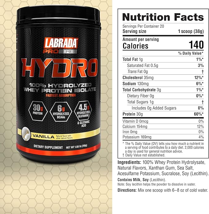 Labrada HYDRO 100% Pure Hydrolyzed Whey 6g BCAA’s, 4.5g Glutamine, 20 Servings