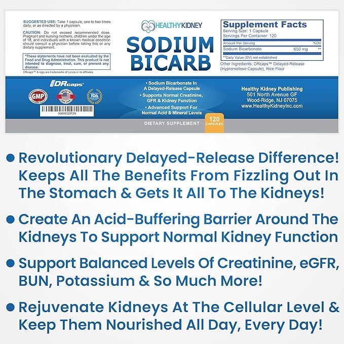 Sodium Bicarbonate 650mg Capsules Delayed Release for Supporting Normal Kidney Function & Kidney Supplement. Sodium Bicarbonate for Acid Relief, Alkalinity 120 Pills 2-Pack