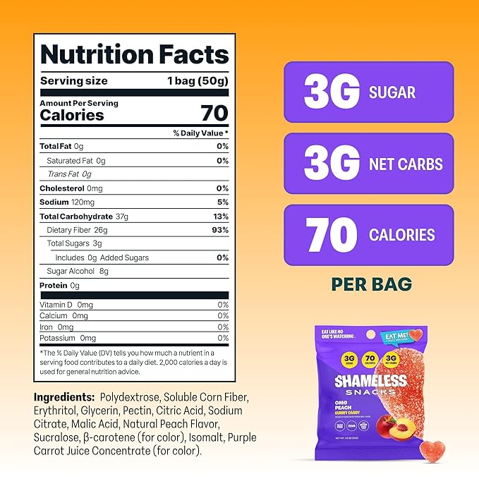 Shameless Snacks - Healthy Low Calorie Snacks, Low Carb Keto Gummies (Gluten Free) - 6 Pack OMG Peach
