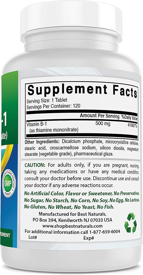 Best Naturals Vitamin B1 as Thiamine 500 mg 120 Tablets (120 Count 1))