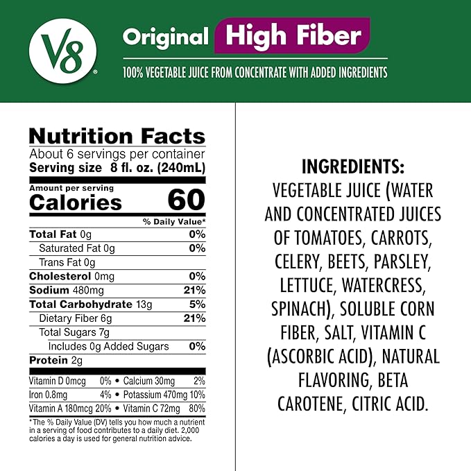 V8 High Fiber 100% Vegetable Juice, 46 fl oz Bottle