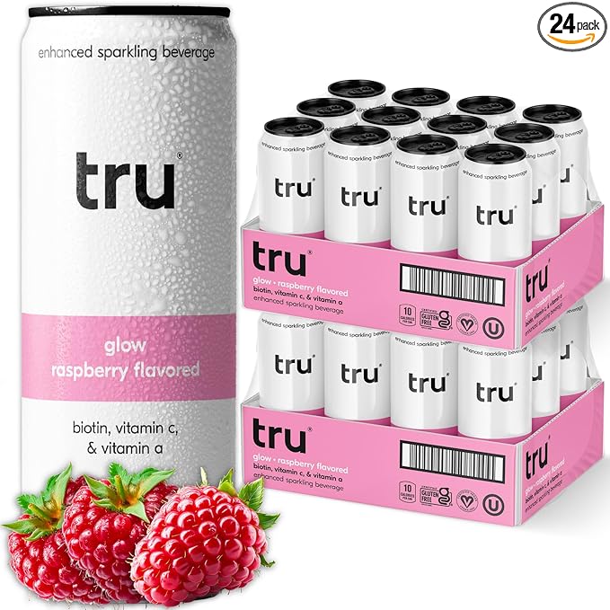 Tru Glow Seltzer, Biotin Beauty Drinks with Vitamin A, Raspberry Fruit Juice Flavored Sparkling Water, Caffeine Free, Kosher, Gluten Free, Low Calories, No Sugar Added Beverages, 12oz (Pack of 24)