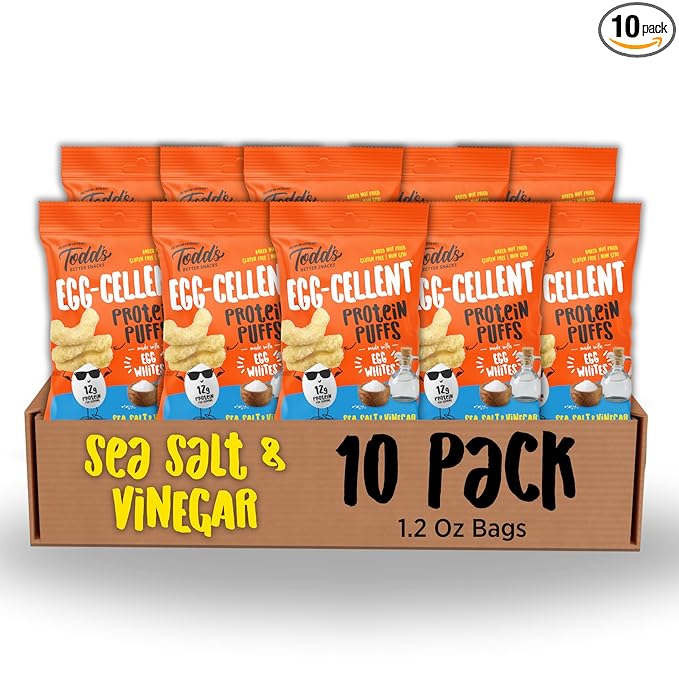 Todd's Better Snacks Egg-Cellent Protein Puffs, Sea Salt & Vinegar, 1.2 Oz (Pack of 10), Made with Egg Whites, 12g Protein, Gluten Free Healthy Snack