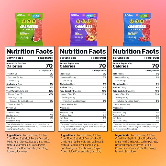 Shameless Snacks Fan Favorites Bundle Healthy Low Carb Keto Gummies Red Raspberry, Watermelon and Sour Peach