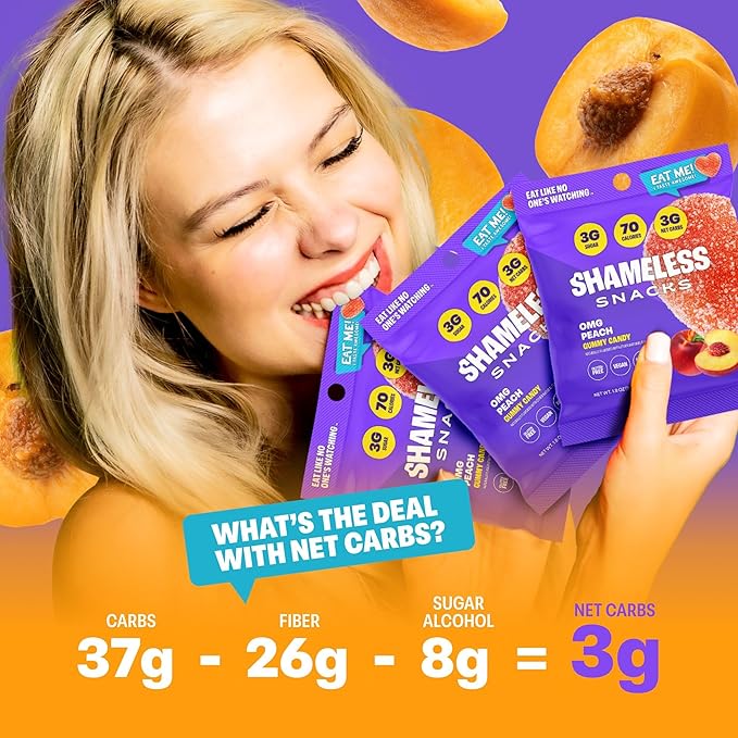 Shameless Snacks - Healthy Low Calorie Snacks, Low Carb Keto Gummies (Gluten Free) - 6 Pack OMG Peach
